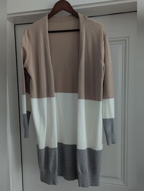 Colorblock Open-Front Long Cardigan - Beige, White & Gray